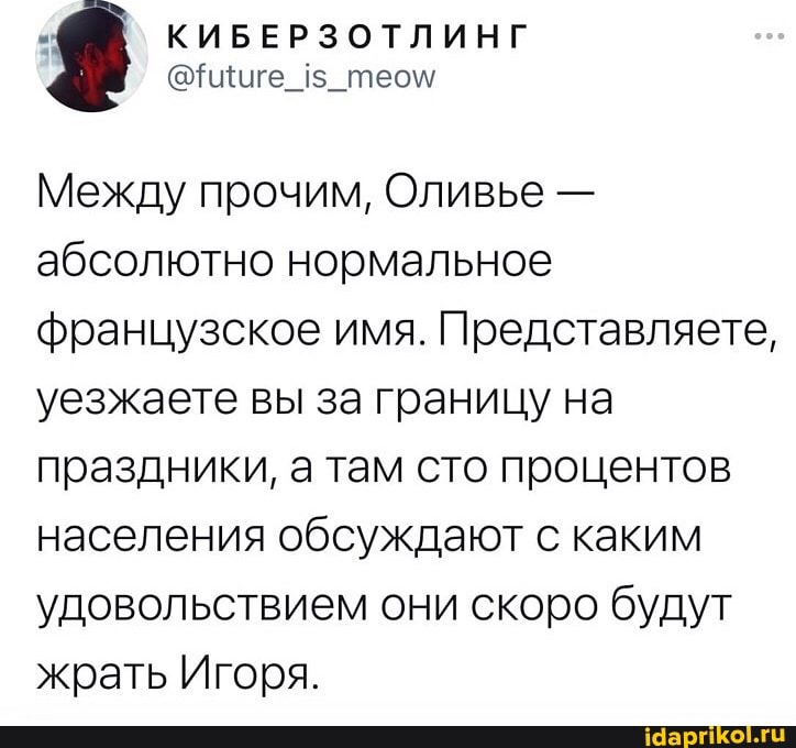 КИБЕРЗОТЛ
Между прочим, Оливье - абсолютно нормальное французское имя. Представляете, уезжаете вы за границу на праздники, а там сто процентов населения обсуждают с каким удовольствием они скоро будут жрать Игоря.