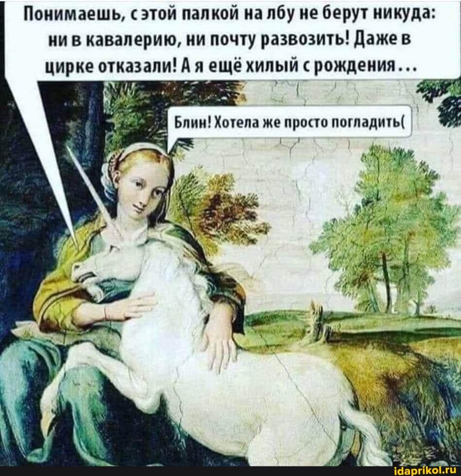 Понимаешь, этой палкой на лбу не берут никуда: ни в кавалерию, ни почту развозить! Даже в цирке отказали! А я ещё хилый с рождения...
Блин! Хотела же просто погладить(