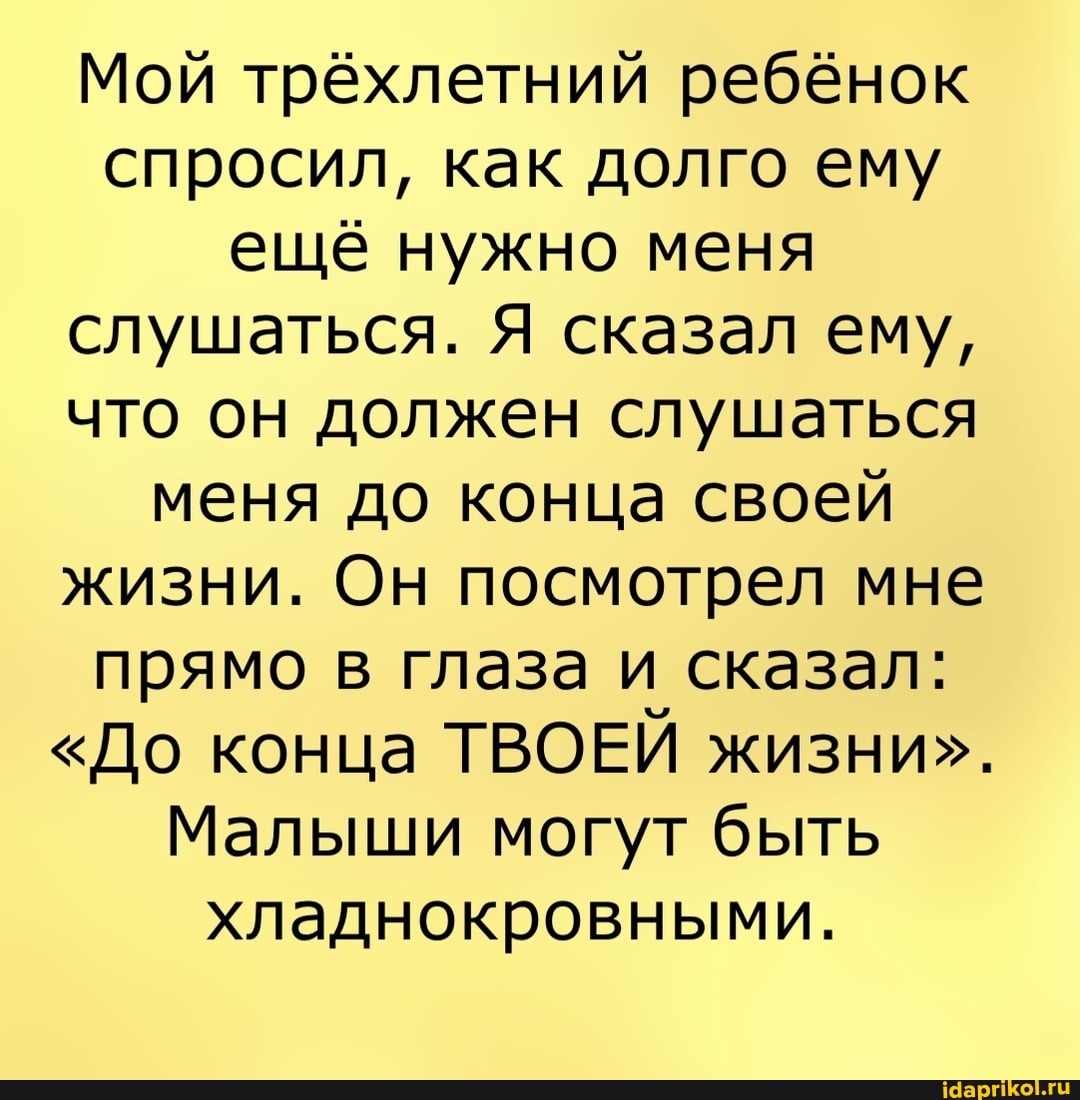 Мой трёхлетний ребёнок спросил, как долго ему ещё нужно меня слушаться. Я сказал ему, что он должен слушаться меня до конца своей жизни. Он посмотрел мне прямо в глаза и сказал:
"До конца ТВОЕЙ жизни".
Малыши могут быть хладнокровными.