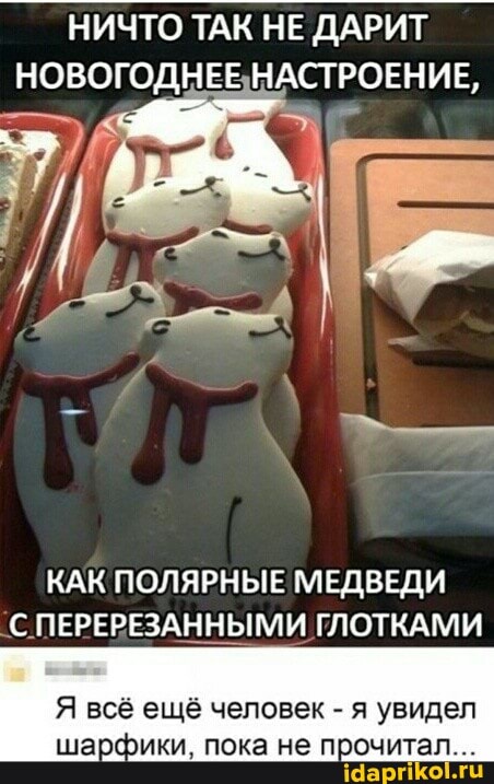 НИЧТО ТАК НЕ ДАРИТ НОВОГОДНЕЕ НАСТРОЕНИЕ,
КАК ПОЛЯРНЫЕ МЕДВЕДИ С ПЕРЕРЕЗАННЫМИ ГЛОТКАМИ
Я всё ещё человек - я увидел шарфики, пока не прочитал...