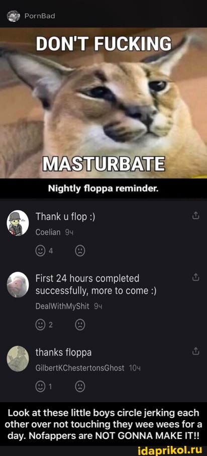 DON'T FUCKING
MASTURBATE
Nightly floppa reminder.
Thank u flop
Coelian
Sa
First 24 hours completed successfully, more to come
DealWithMyShit
@2 @
thanks floppa
GilbertkChestertonsGhost 104
Look at these little boys circle jerking each other over not touching they wee wees for a day. Nofappers are NOT GONNA MAKE IT!! - Look at these little boys circle jerking each other over not touching they wee wees for a day. Nofappers are NOT GONNA MAKE IT!!