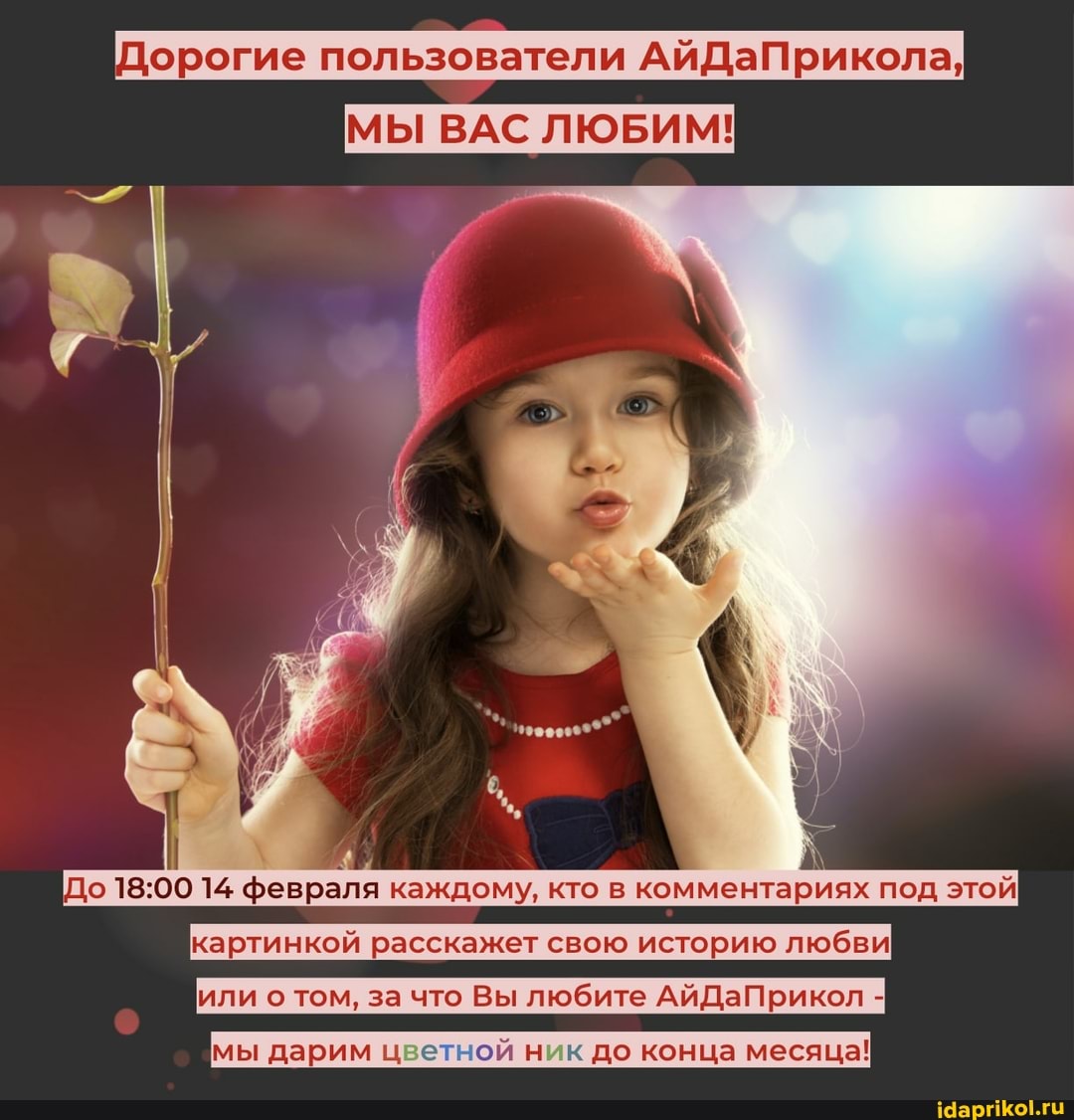 Дорогие пользователи АйДаПрикола,
МЫ ВАС ЛЮБИМ!
к Щ До 14 февраля каждому, кто в комментариях под этой картинкой расскажет свою историю любви или о том, за что Вы любите АйДаПрикол -
мы дарим цветной ник до конца месяца!