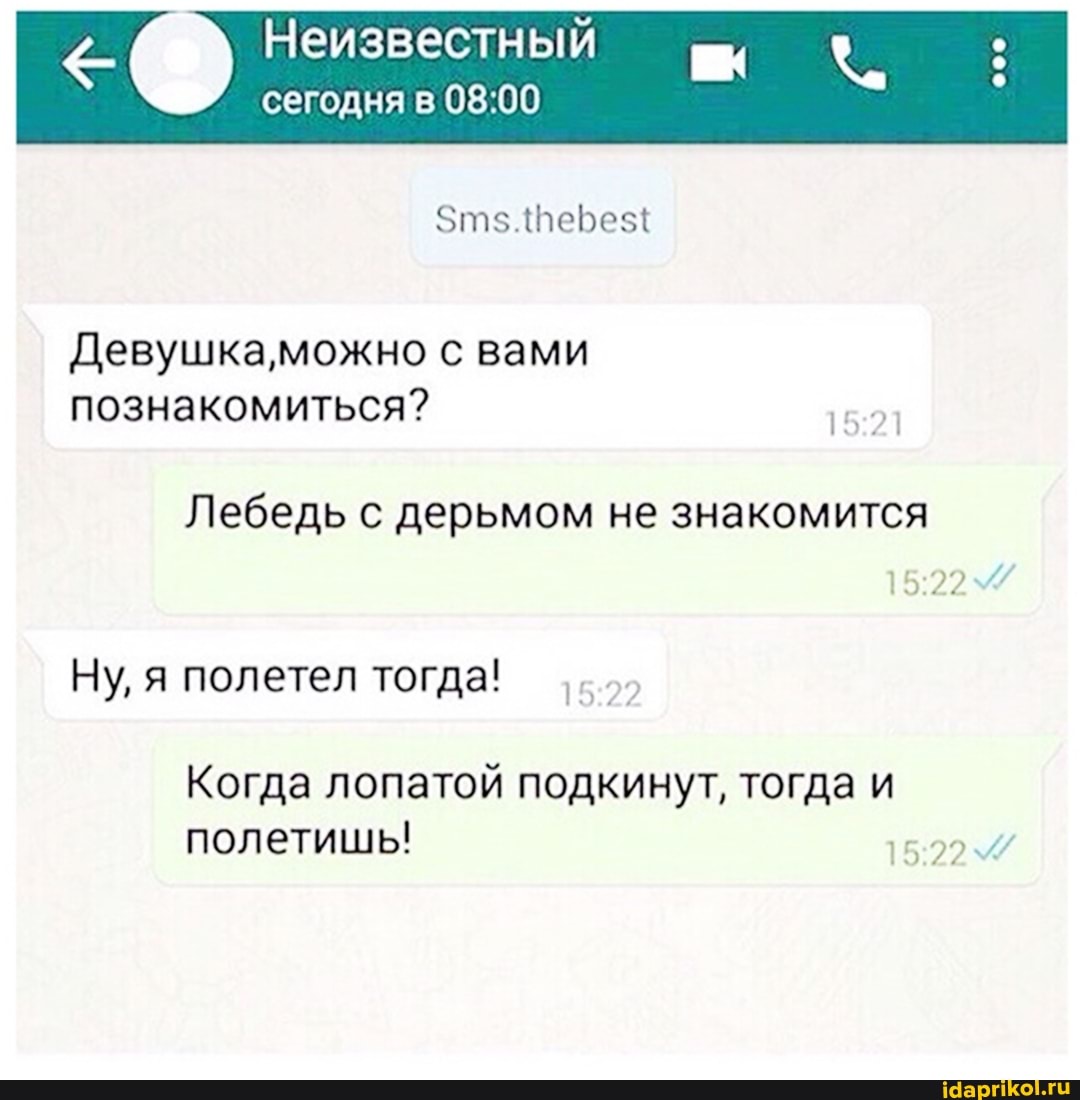 Неизвестный
сегодня в
Девушка, можно с вами познакомиться?
Лебедь с дерьмом не знакомится
522
Ну, я полетел тогда!
Когда лопатой подкинут, тогда и полетишь!