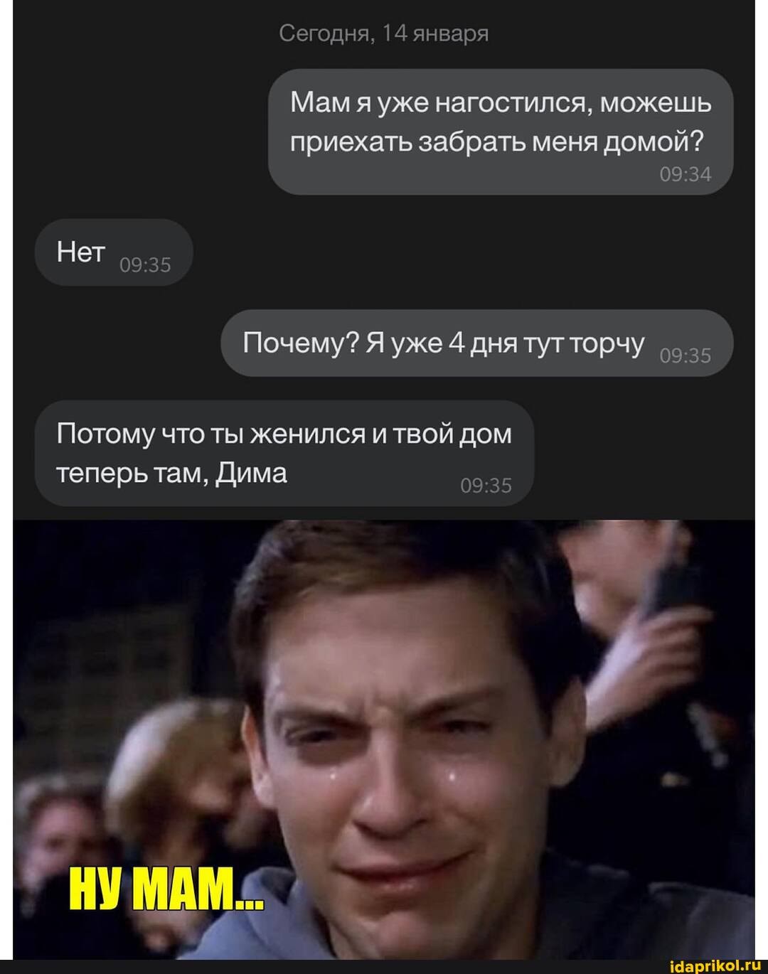 Сегодня, 14 января
Мам я уже нагостился, можешь
приехать забрать меня домой?
Нет
Почему? Я уже 4 днятутторчу
Потому что ты женился и твой дом теперь там, Дима