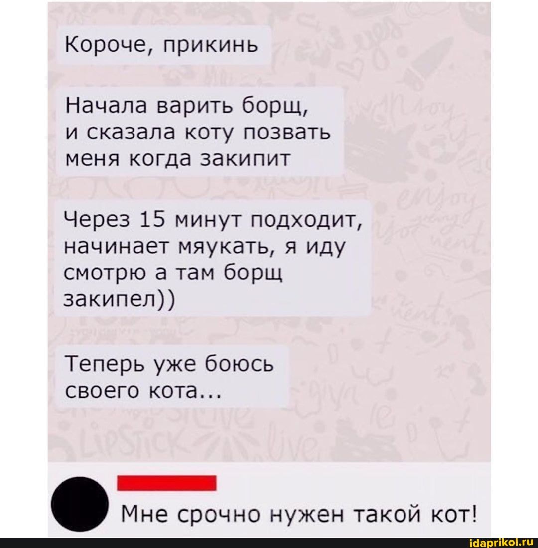 Короче, прикинь
Начала варить борщ, и сказала коту позвать меня когда закипит
Через 15 минут подходит, начинает мяукать, я иду смотрю а там борщ закипел))
Теперь уже боюсь своего кота...
Мне срочно нужен такой кот!