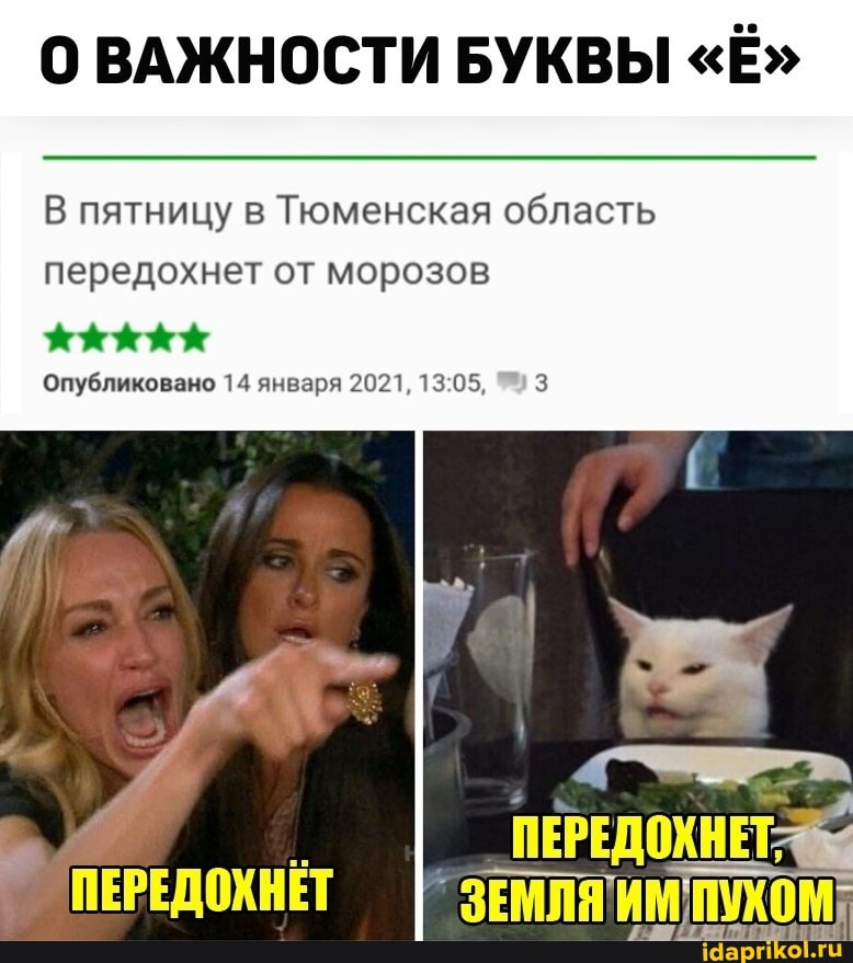 ВАЖНОСТИ БУКВЫ "Ё"
В пятницу в Тюменская область
передохнет от морозов
Опубликовано 14 января 2021,
ПЕРЕДОХНЕТ
