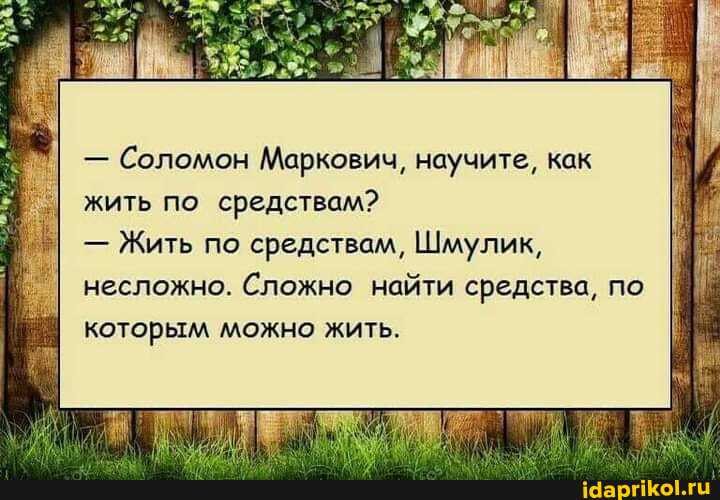 - Соломон Маркович, научите, как жить по средствам?
- Жить по средствам, Шмулик, несложно. Сложно найти средства, по которым можно жить.