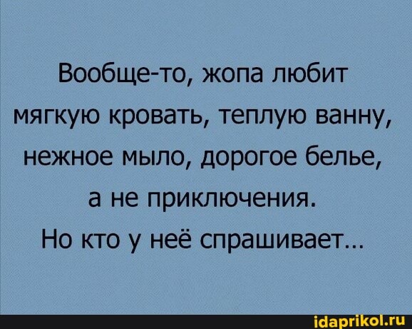 Вообще-то, жопа любит мягкую кровать, теплую ванну, нежное мыло, дорогое белье, а не приключения.
Но кто у неё спрашивает...