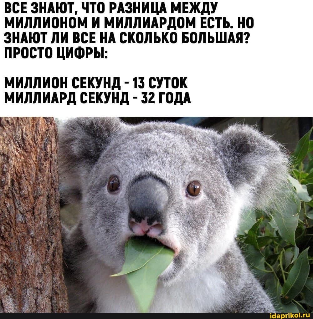 ВСЕ ЗНАЮТ, ЧТО РАЗНИЦА МЕЖДУ МИЛЛИОНОМ И МИЛЛИАРДОМ ЕСТЬ. НО ЗНАЮТ ЛИ ВСЕ НА СКОЛЬКО БОЛЬШАЯ?
ПРОСТО ЦИФРЫ:
МИЛЛИОН СЕКУНД - 13 СУТОК МИЛЛИАРД СЕКУНД - 32 ГОДА