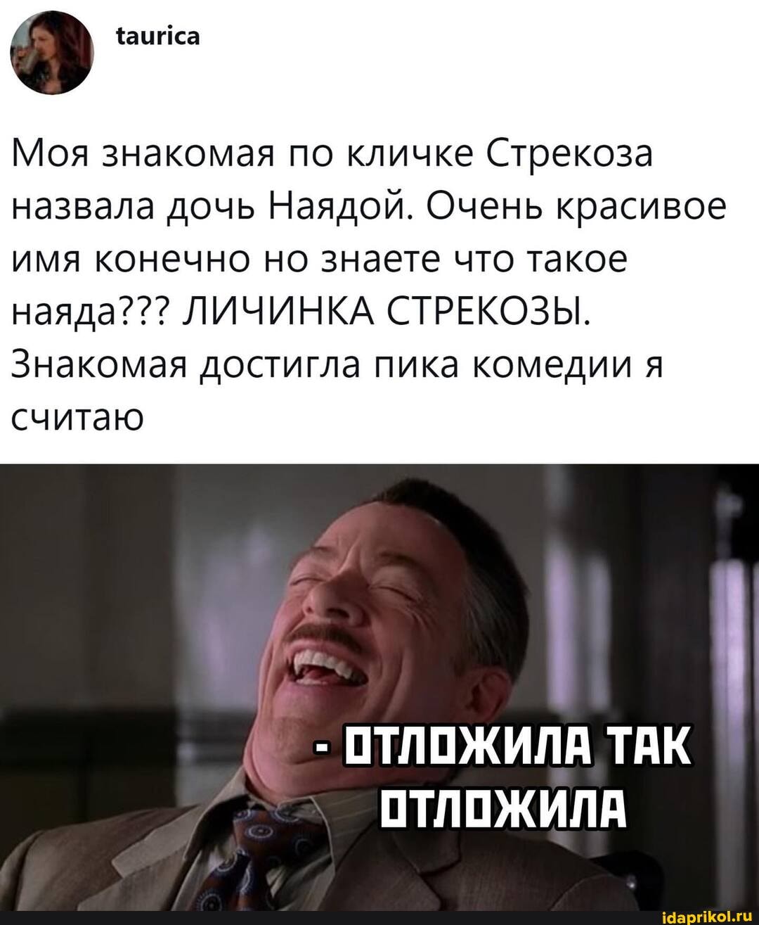 Моя знакомая по кличке Стрекоза назвала дочь Наядой. Очень красивое
имя конечно но знаете что такое наяда??? ЛИЧИНКА СТРЕКОЗЫ.
Знакомая достигла пика комедии я считаю
- ОТЛОЖИЛА ТАК
ОТЛОЖИЛА