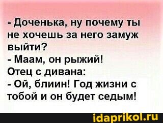 Доченька, ну почему ты не хочешь за него замуж выйти?
- Маам, он рыжий!
Отец с. дивана:
Ой, блиин! Год жизни с тобой и он будет седым!