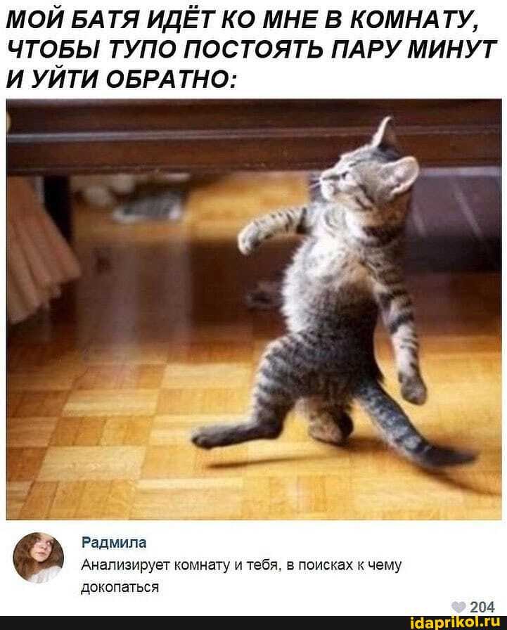 МОЙ БАТЯ ИДЁТ КО МНЕ В КОМНАТУ,
ЧТОБЫ ТУПО ПОСТОЯТЬ ПАРУ МИНУТ И УЙТИ ОБРАТНО:
Радмила
Анализирует комнату и тебя, в поисках к чему докопаться