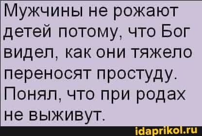 Мужчины не рожают детей потому, что Бог видел, как они тяжело переносят простуду.
Понял, что при родах не выживут.
