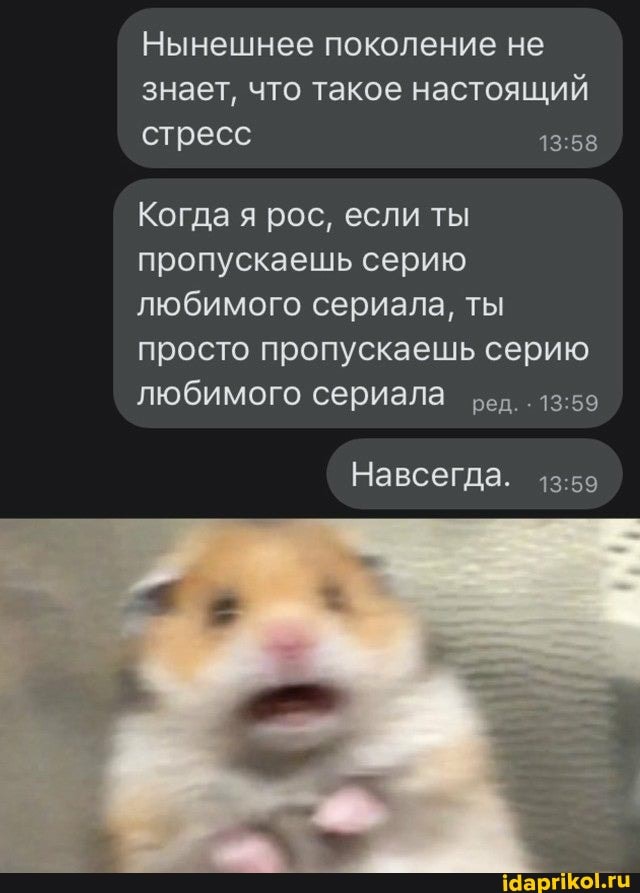 Нынешнее поколение не знает, что такое настоящий стресс
Когда я рос, если ты пропускаешь серию любимого сериала, ты просто пропускаешь серию любимого сериала ред.
Навсегда.