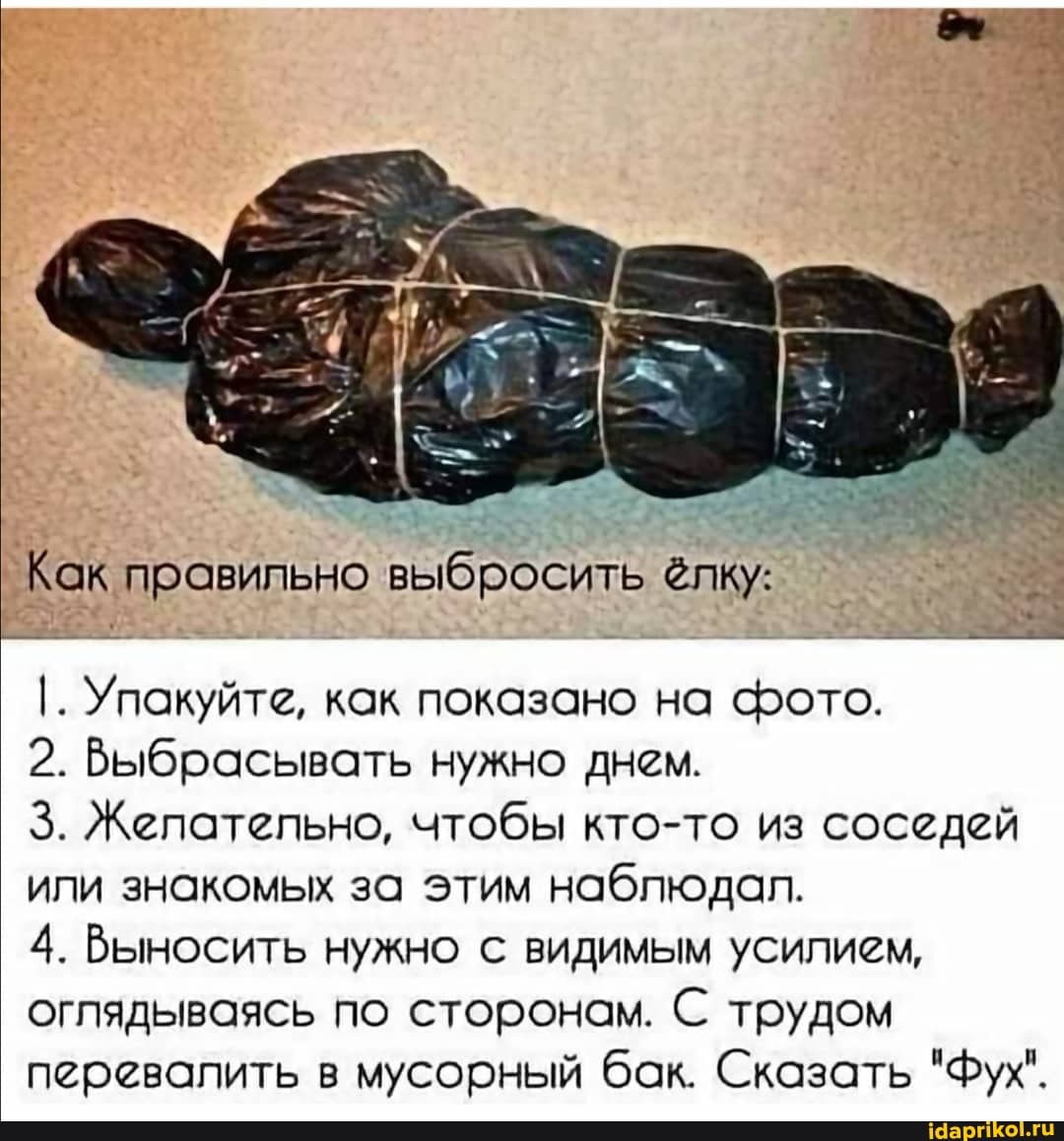 Как правильно выбросить ёлку:
I. Упакуйте, как показано на фото.
2. Выбрасьывать нужно днем.
3. Желательно, чтобы кто-то из соседей или знакомых за этим наблюдал.
4. Выносить нужно с видимым усилием, оглядываясь по сторонам. С трудом перевалить в мусорный бак. Сказать "Фух'.