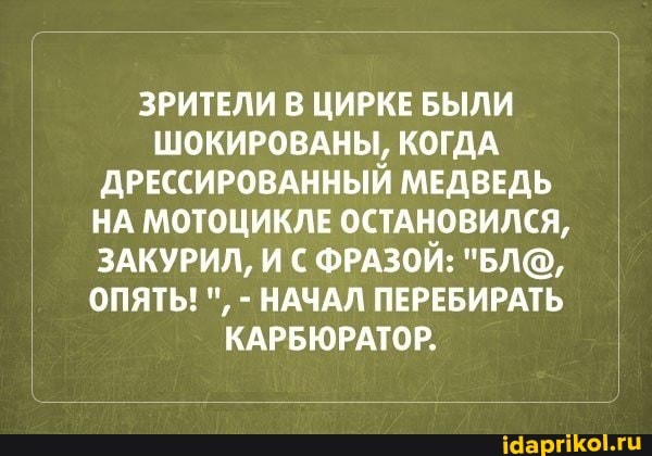 ЗРИТЕЛИ В ЦИРКЕ БЫЛИ ШОКИРОВАНЫ, КОГДА ДРЕССИРОВАННЫЙ МЕДВЕДЬ НА МОТОЦИКЛЕ ОСТАНОВИЛСЯ,
ЗАКУРИЛ, И ФРАЗОЙ: "БЛ@,
ОПЯТЬ! - НАЧАЛ ПЕРЕБИРАТЬ КАРБЮРАТОР.