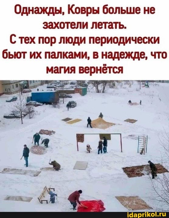Однажды, Ковры больше не захотели летать.
С тех пор люди периодически бьют их палками, в надежде, что магия