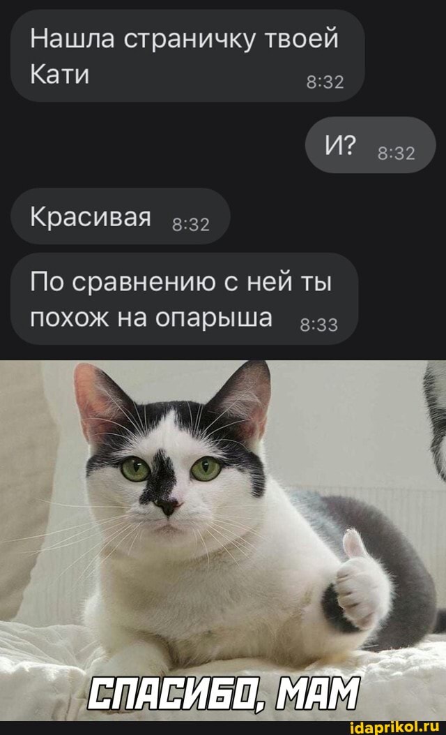 Нашла страничку твоей
Кати
Красивая
По сравнению с ней ты похож на опарыша
СПАСИБО, МАМ