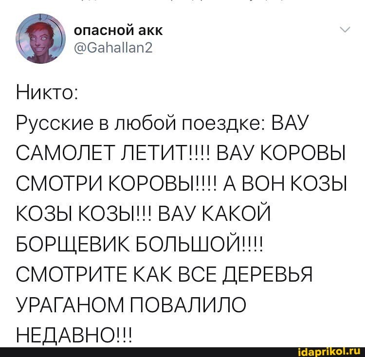 опасной акк
Никто:
Русские в любой поездке: ВАУ САМОЛЕТ ЛЕТИТ!!! ВАУ КОРОВЫ СМОТРИ КОРОВЫ!!! А ВОН КОЗЫ КОЗЫ КОЗЫ!! ВАУ КАКОЙ БОРЩЕВИК БОЛЬШОЙ!!!
СМОТРИТЕ КАК ВСЕ ДЕРЕВЬЯ
УРАГАНОМ ПОВАЛИЛО