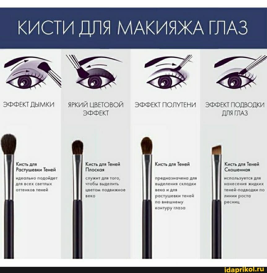 КИСТИ ДЛЯ МАКИЯЖА ГЛАЗ
ЭФФЕКТ ДЫМКИ ЯРКИЙ ЦВЕТОВОЙ
ЭФФЕКТ Кисть для Кисть для Теней
Растушевки Теней Плоскоя идеально подойдет служит для того, для всех светлых чтобы выделить оттенков теней цветом подвижное
веко
ЭФФЕКТ ПОЛУТЕНИ
Кисть для Теней.
предназначена для выделения склодки века и для ростушевки теней по внешнему контуру глаза
ЭФФЕКТ ПОДВОДКИ ДЛЯ ГЛАЗ
Кисть для Теней
(Скошенная используется для нанесения жидких теней-подводки по линии роста ресниц