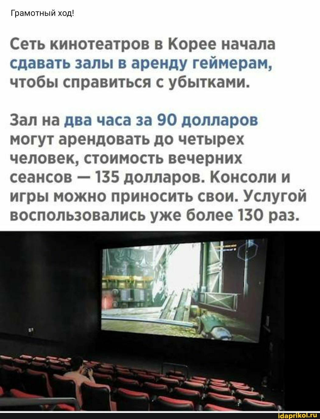 Грамотный ход!
Сеть кинотеатров в Корее начала сдавать залы в аренду геймерам, чтобы справиться с убытками.
Зал на два часа за 90 долларов могут арендовать до четырех человек, стоимость вечерних сеансов - 155 долларов. Консоли и игры можно приносить свои. Услугой воспользовались уже более 130 раз.