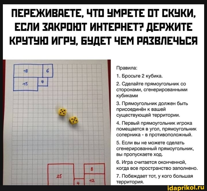 ПЕРЕЖИВАЕТЕ, ЧТО УМРЕТЕ ОТ СКУКИ,
ЕСЛИ ЗАКРОЮТ ИНТЕРНЕТ? ДЕРЖИТЕ КРУТУЮ ИГРУ, БУДЕТ ЧЕМ РАЗВЛЕЧЬСЯ
Правила:
1. Бросьте 2 кубика.
2. Сделайте прямоугольник со сторонами, сгенерированными кубиками
3. Прямоугольник должен быть присоединён к вашей существующей территории.
4. Первый прямоугольник игрока помещается в угол, прямоугольник соперника - в противоположный.
5. Если вы не можете сделать сгенерированный прямоугольник, вы пропускаете ход.
6. Игра считается оконченной, когда все пространство заполнено.
7. Побеждает тот, у кого большая территория.