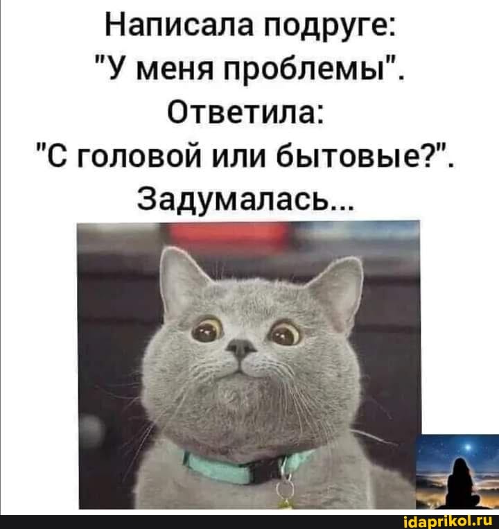 Написала подруге:
"У меня проблемы".
Ответила:
"С головой или бытовые"".
Задумалась...