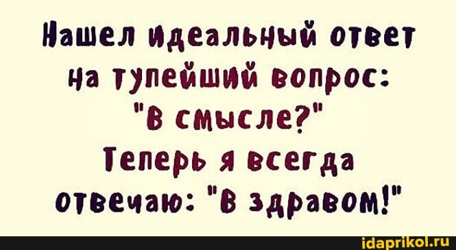 Нашел идеальный ответ на тупейший вопрос:
"В смысле?"
Теперь я всегда отвечаю: "В здравом!"