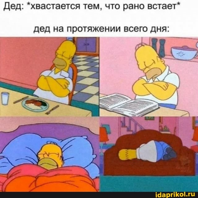 Дед: *хвастается тем, что рано встает*
дед на протяжении всего дня: