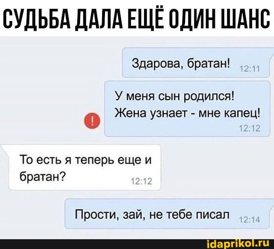 СУДЬБА ДАЛА ЕЩЁ ОДИН ШАНС
Здарова, братан!
У меня сын родился!
Жена узнает - мне капец!
То есть я теперь еще и братан?
Прости, зай, не тебе писал