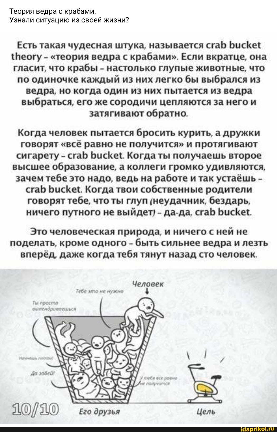 Теория ведра с крабами.
Узнали ситуацию из своей жизни?
Есть такая чудесная штука, называется сгаБ Бискет
{Веогу - "теория ведра с крабами". Если вкратце, она гласит, что крабы - настолько глупые животные, что
по одиночке каждый из них легко бы выбрался из
ведра, но когда один из них пытается из ведра
выбраться, его же сородичи цепляются за него и
затягивают обратно.
Когда человек пытается бросить курить, а дружки говорят "всё равно не получится" и протягивают сигарету - сгаб БисКе{. Когда ты получаешь второе высшее образование, а коллеги громко удивляются, зачем тебе это надо, ведь на работе и так устаёшь - сгаБ БисКе". Когда твои собственные родители говорят тебе, что ты глуп (неудачник, бездарь,
ничего путного не выйдет) - да-да, сгаб БисКет.
Это человеческая природа, и ничего с ней не поделать, кроме одного - быть сильнее ведра и лезть вперёд, даже когда тебя тянут назад сто человек.
Тебе мто ме нужно
Человек
Ты просто
оытендриеаеишлься
Цель