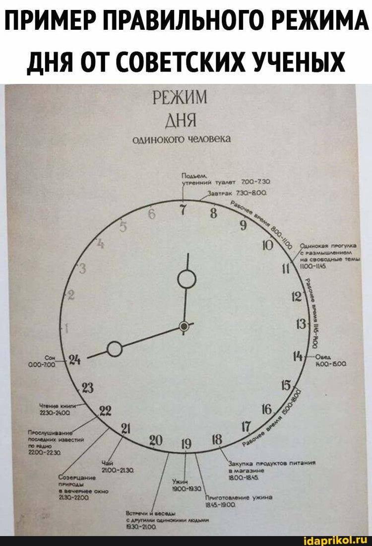 ПРИМЕР ПРАВИЛЬНОГО РЕЖИМА
ДНЯ ОТ СОВЕТСКИХ УЧЕНЫХ
РЕЖИМ АНЯ
одинокого человека