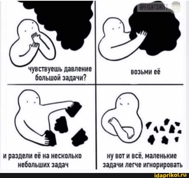 чувствуешь давление большой задачи?
возьми её
ну вот и всё, маленькие задачи легче игнорировать
и раздели её на несколько небольших задач