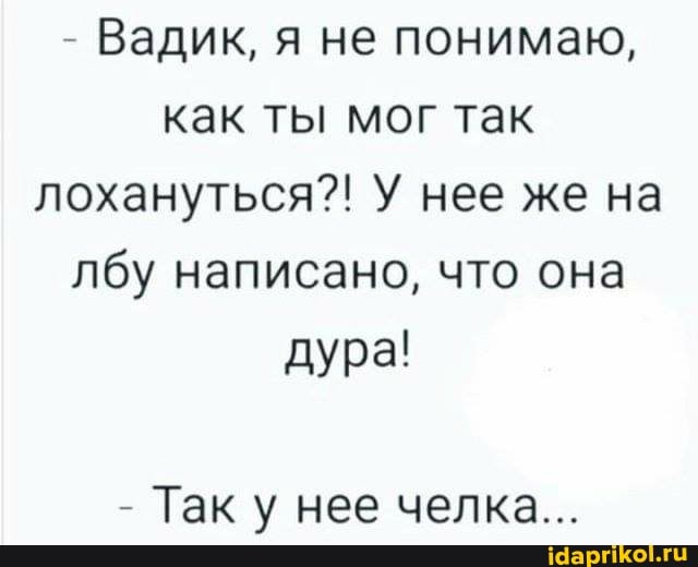 - Вадик, я не понимаю, как ты мог так лохануться?! У нее же на лбу написано, что она
дура!
- Так у нее челка...