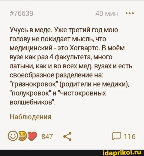 #70639 40 мин
Учусь в меде. Уже третий год мою голову не покидает мысль, что медицинский - это Хогвартс. В моём вузе как раз 4 факультета, много латыни, как и во всех мед. вузах и есть своеобразное разделение на:
"грязнокровок" (родители не медики),
"полукровок" и "чистокровных волшебников".
Наблюдения
ОЭ < ив