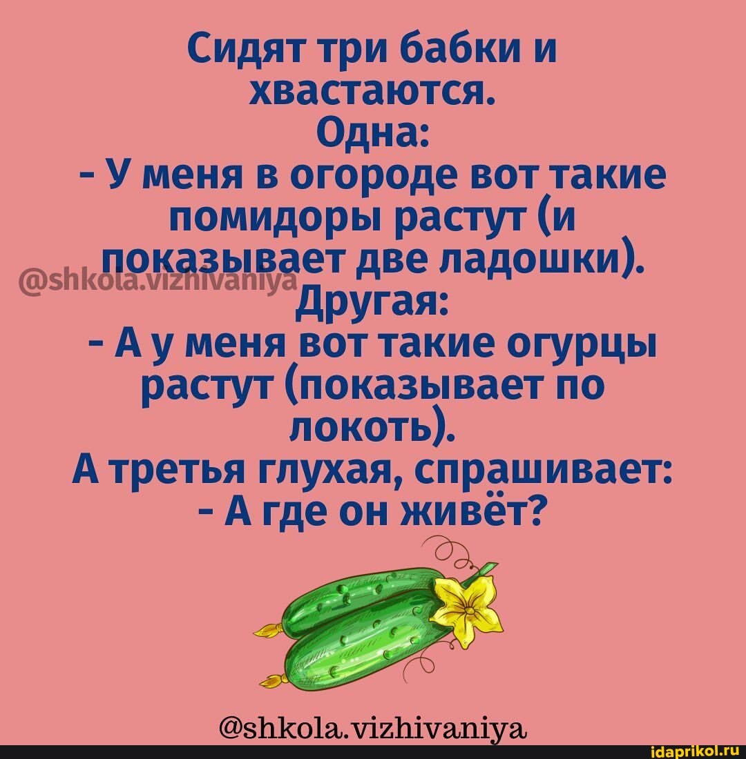 Сидят три бабки и хвастаются.
Одна:
- У меня в огороде вот такие помидоры растут (и
Другая:
- Ауменя вот такие огурцы растут (показывает по локоть).
А третья глухая, спрашивает:
- А где он живёт?
Ле тлоорз-хта мата