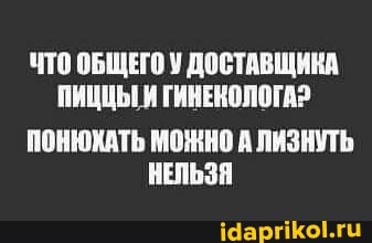 ЧТО ОБЩЕГО ДОСТАВЩИКА ПИЦЦЫ И ГИНЕКОЛОГА?
ПОНЮХАТЬ МОЖНО А ЛИЗНУТЬ НЕЛЬЗЯ
