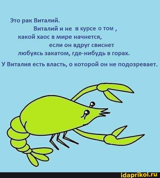 Это рак Виталий.
Виталий ине в курсе о том , какой хаос в мире начнется, если он вдруг свиснет любуясь закатом, где-нибудь в горах.
У Виталия есть власть, о которой он не подозревает.
