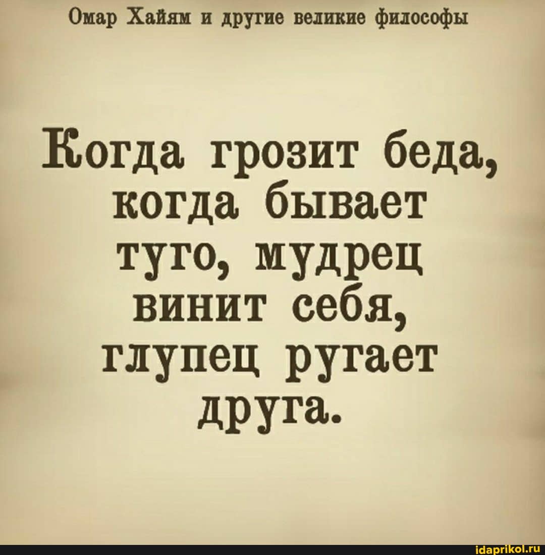 Омар Хайям и другие великие философы
Когда грозит беда, когда бывает туго, мудрец винит себя, тлупец ругает
друга.