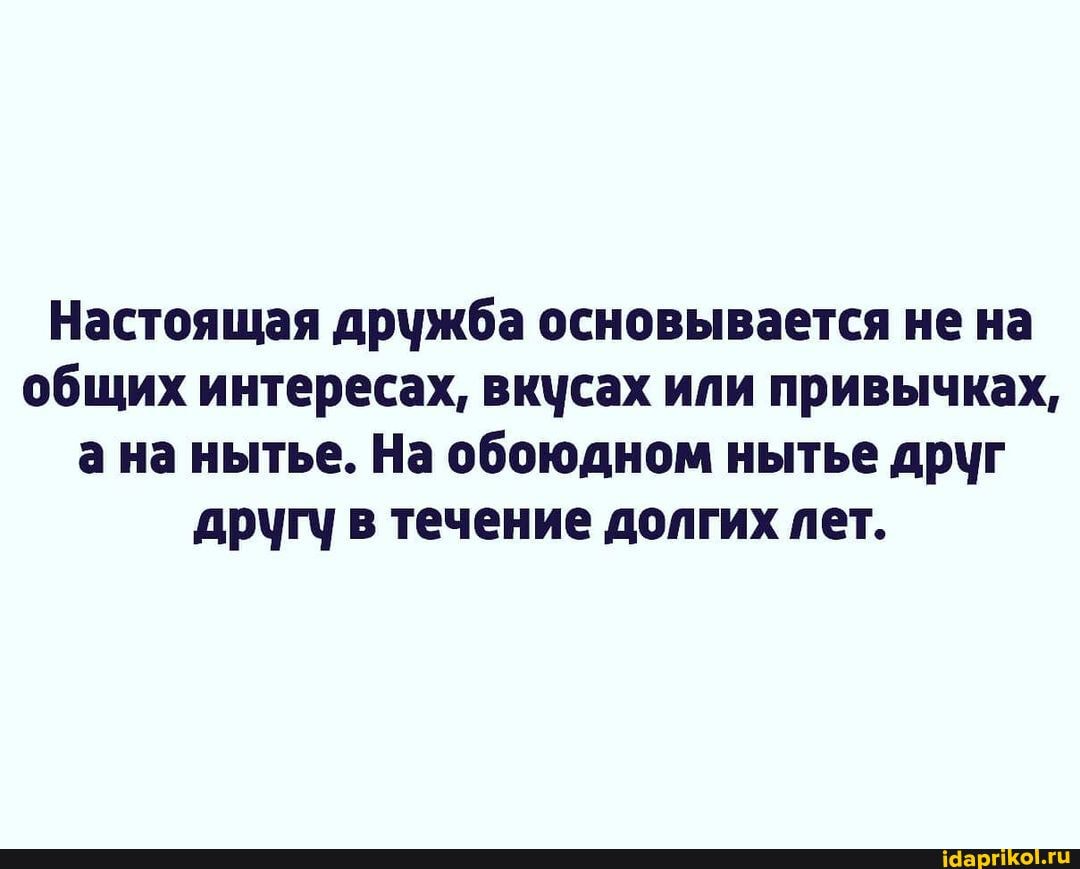 Настоящая дружба основывается не на общих интересах, вкусах или привычках, а на нытье. На обоюдном нытье друг другу в течение долгих лет.