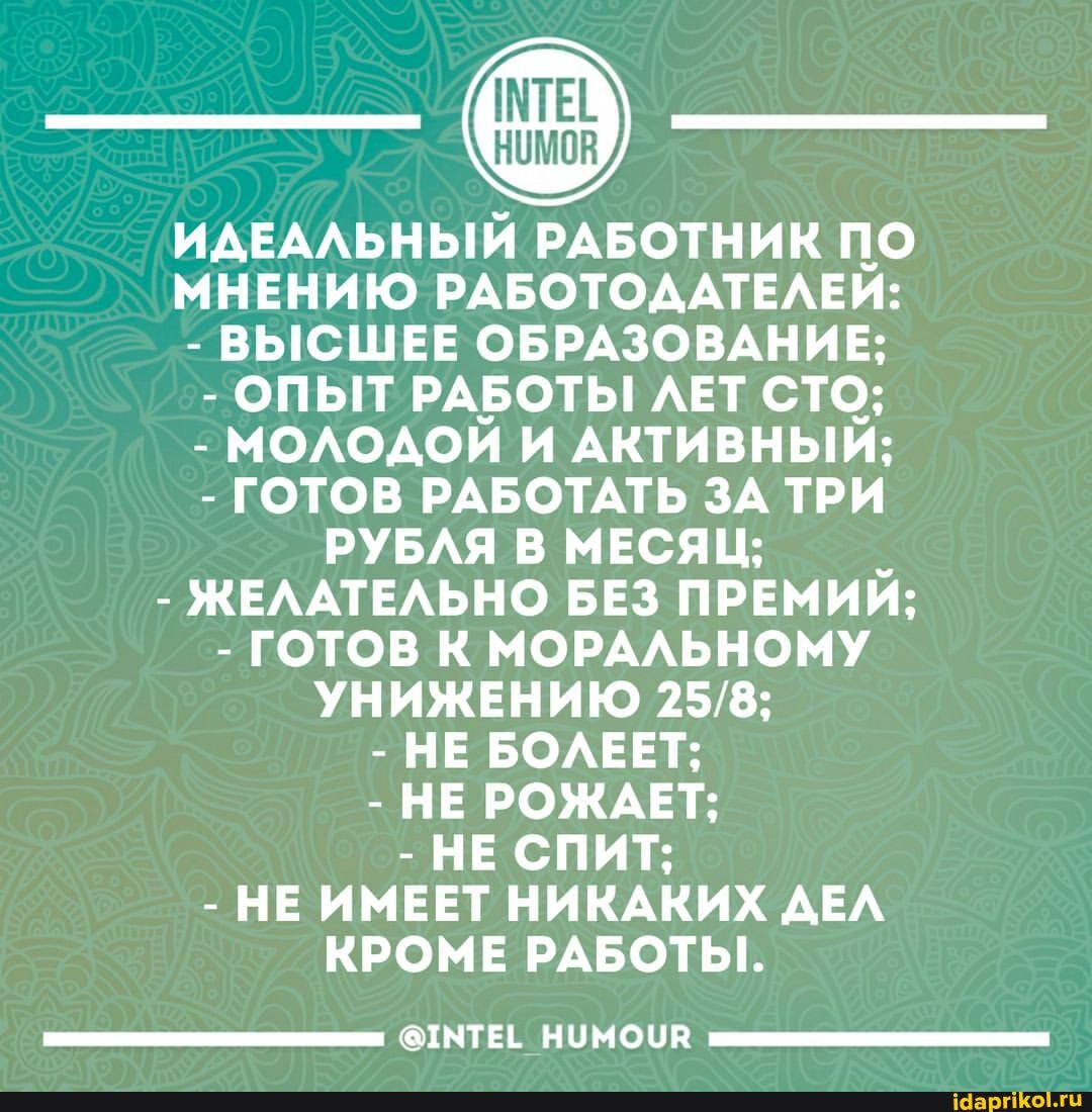 ИДЕАЛЬНЫЙ РАБОТНИК ПО МНЕНИЮ РАБОТОДАТЕЛЕЙ:
- ВЫСШЕЕ ОБРАЗОВАНИЕ;
- ОПЫТ РАБОТЫ ЛЕТ СТО;
- МОЛОДОЙ И АКТИВНЫЙ;
- ГОТОВ РАБОТАТЬ ЗА ТРИ РУБЛЯ В МЕСЯЦ;
- ЖЕЛАТЕЛЬНО БЕЗ ПРЕМИЙ;
- ГОТОВ К МОРАЛЬНОМУ УНИЖЕНИЮ
- НЕ БОЛЕЕТ;
- НЕ РОЖАЕТ;
- НЕ СПИТ;
- НЕ ИМЕЕТ НИКАКИХ ДЕЛ КРОМЕ РАБОТЫ.
@ТМТЕЕ НУМОУВ