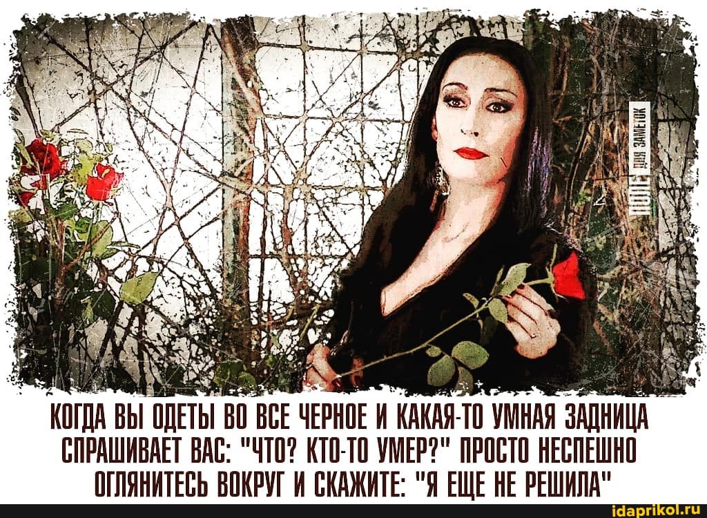 ЕЕ
КОГДА ВЫ ОДЕТЫ ВО ВСЕ ЧЕРНОЕ И КАКАЯ-ТО УМНАЯ ЗАДНИЦА СПРАШИВАЕТ ВАС: "ЧТО? КТО-ТО УМЕР?" ПРОСТО НЕСПЕШНО ПГПОНИТЕРЬ РОКРУГ И СКЛЖИТЕ. АЕ НЕ ПА"