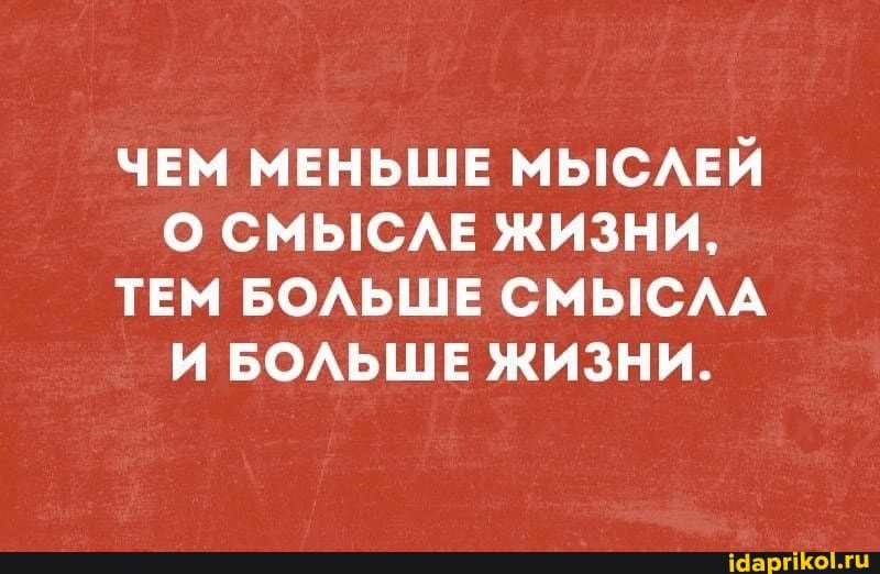 ЧЕМ МЕНЬШЕ МЫСЛЕЙ О СМЫСЛЕ ЖИЗНИ,
ТЕМ БОЛЬШЕ СМЫСЛА И БОЛЬШЕ ЖИЗНИ.