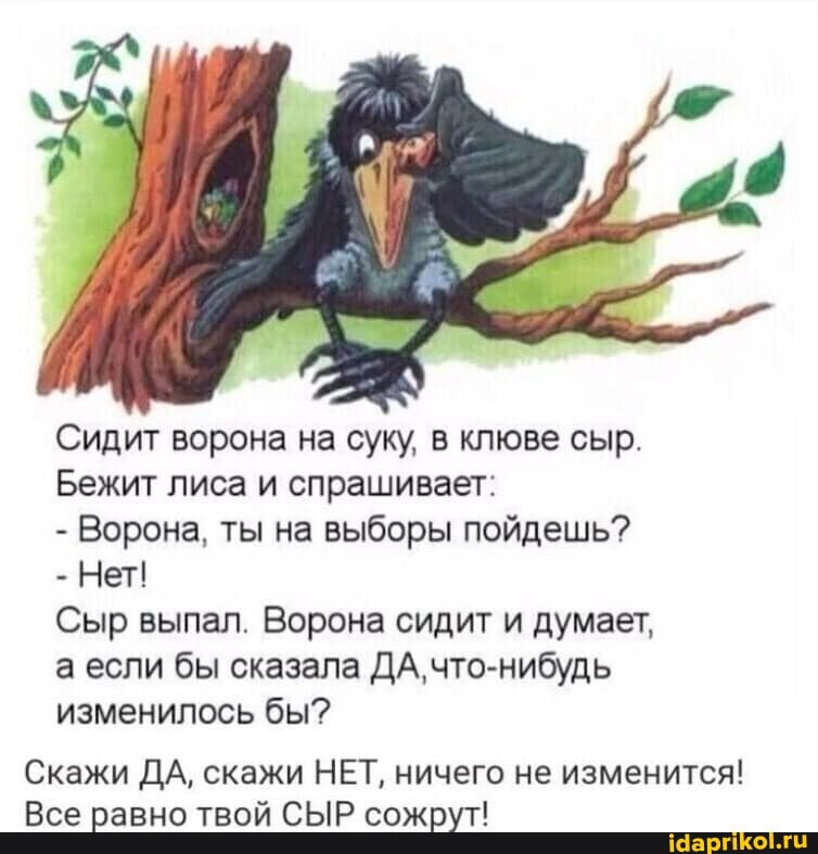 Сидит ворона на суку, в клюве сыр.
Бежит лиса и спрашивает:
- Ворона, ты на выборы пойдешь?
- Нет!
Сыр выпал. Ворона сидит и думает, а если бы сказала ДА, что-нибудь изменилось бы?
Скажи ДА, скажи НЕТ, ничего не изменится!