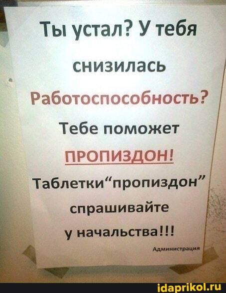 Ты устал? У тебя
снизилась
Работоспособность?
Тебе поможет
ПРОПИЗДОН!
спрашивайте у начальства!!!