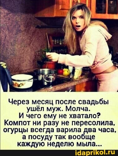 Через месяц после свадьбы ушёл муж. Молча.
И чего ему не хватало?
Компот ни разу не пересолила, огурцы всегда варила два часа,
а посуду так вообще каждую неделю мыла...