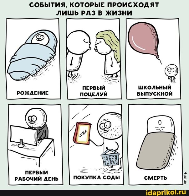 СОБЫТИЯ, КОТОРЫЕ ПРОИСХОДЯТ ЛИШЬ РАЗ В ЖИЗНИ
ПЕРВЫЙ Школьный
ПОЦЕЛУЙ ВЫПУСКНОЙ
соды СМЕРТЬ
ПЕРВЫЙ РАБОЧИЙ ДЕНЬ ПОКУПКА