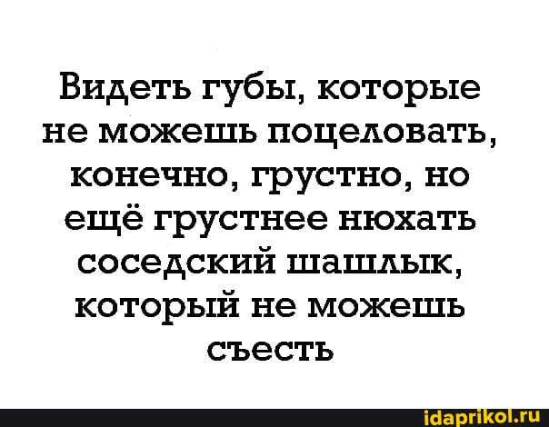 Видеть губы, которые не можешь поцеловать, конечно, грустно, но ещё грустнее нюхать соседский шашлык, который не можешь сесть