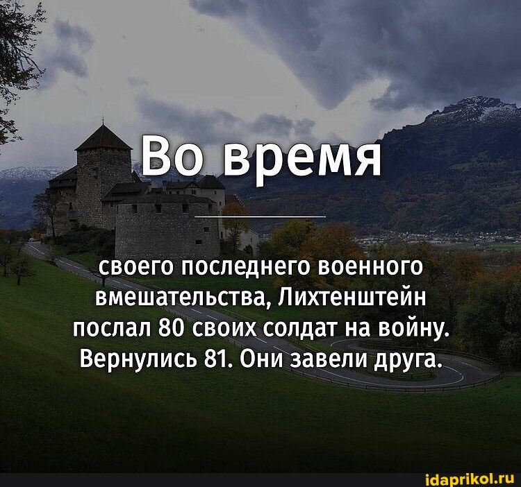 Во время
своего последнего военного
вмешательства, Лихтенштейн послал 80 своих солдат на войну.
Вернулись 81. Они завели друга.
