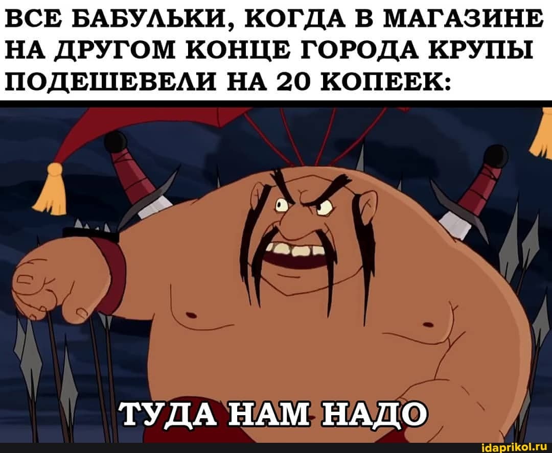 ВСЕ БАБУЛЬКИ, КОГДА В МАГАЗИНЕ НА ДРУГОМ КОНЦЕ ГОРОДА КРУПЫ
ПОДЕШЕВЕЛИ НА 20 КОПЕЕК:
ТУДА НАМ НАДО